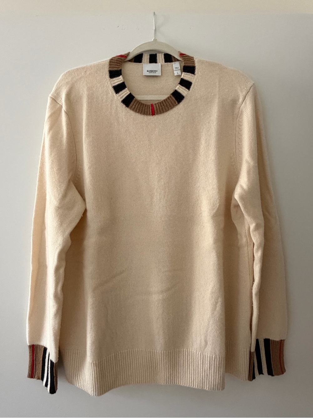 Burberry Cream Crewneck Sweater with Multicolor Stripe Trim